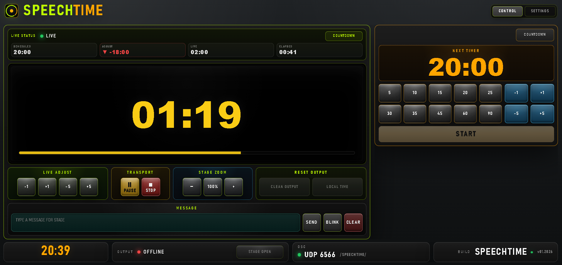 SpeechTime Control in a warning state with the timer, progress and operator controls visible.